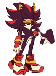 Size: 666x901 | Tagged: safe, artist:kitzunn7, shadow the hedgehog, 2025, butt, crotch fluff, ear fluff, flat colors, hand on hip, lidded eyes, looking at viewer, simple background, smile, solo, sonic boom (tv), standing, white background