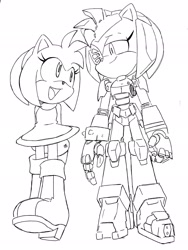 Size: 1536x2048 | Tagged: safe, artist:randomguy9991, amy rose, 2025, cyborg, duo, line art, looking at each other, monochrome, rusty rose, self paradox, simple background, smile, standing, white background