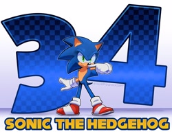 Size: 2048x1622 | Tagged: safe, artist:salujakadoodler, sonic the hedgehog, 2025, birthday, character name, finger under nose, looking offscreen, outline, smile, solo, standing
