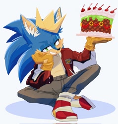 Size: 1950x2048 | Tagged: safe, artist:foxdrows, sonic the hedgehog, 2025, birthday, cake, cheek fluff, cherry, clenched teeth, clothes, crown, ear fluff, food, head rest, jacket, legs crossed, lidded eyes, looking at viewer, open jacket, pants, plate, shadow (lighting), shirt, simple background, sitting, smile, solo, white background