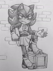 Size: 1529x2048 | Tagged: safe, artist:damn-not-here, shadow the hedgehog, 2025, box, claws, crop top, fingerless gloves, leaning, leaning back, looking at viewer, pawpads, shadow's logo, skirt, solo, standing on something, traditional media, trans female, trans girl shadow, transfeminine, transgender