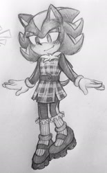 Size: 1269x2048 | Tagged: safe, artist:damn-not-here, shadow the hedgehog, 2025, belt, blushing, dress, looking offscreen, shadow's logo, smile, solo, traditional media, trans female, trans girl shadow, transfeminine, transgender