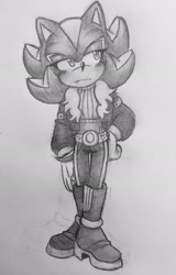 Size: 1311x2048 | Tagged: safe, artist:damn-not-here, shadow the hedgehog, 2025, belt, blushing, clothes, crop top, hand on hip, jacket, lidded eyes, looking offscreen, one fang, pants, pencilwork, smile, solo, standing, traditional media, trans female, trans girl shadow, transfeminine, transgender