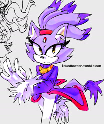 Size: 1787x2134 | Tagged: safe, artist:inkedhorror, blaze the cat, 2025, ear fluff, looking at viewer, simple background, smile, solo, standing, white background