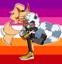 Size: 861x900 | Tagged: safe, artist:weirdasizzie, tangle the lemur, whisper the wolf, 2025, abstract background, blushing, blushing ears, carrying them, cute, duo, eye clipping through hair, heart, lesbian, lesbian pride, lesbian visibility week, meme, pride, pride flag, pride flag background, shipping, smile, tall lesbian, tangle x whisper, wagging tail