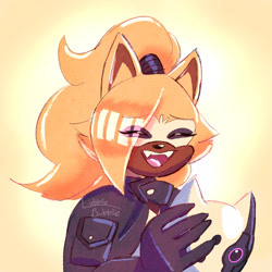 Size: 2048x2048 | Tagged: safe, artist:lubbliebubblie, whisper the wolf, 2023, diamond cutters mask, eye clipping through hair, eyebrow clipping through hair, eyes closed, fangs, gradient background, holding something, mask, mouth open, open smile, signature, smile, solo, standing