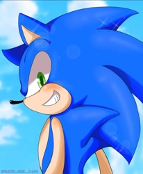 Size: 1080x1313 | Tagged: safe, artist:madelaine-chan, sonic the hedgehog, 2025, abstract background, blushing, clenched teeth, clouds, daytime, looking at viewer, outdoors, smile, smiling at viewer, solo