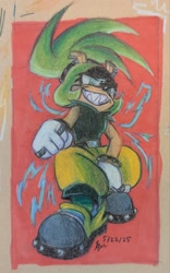 Size: 1280x2048 | Tagged: safe, artist:huphuphooray, surge the tenrec, 2025, abstract background, clenched fists, clenched teeth, crouching, electricity, looking at viewer, signature, smile, solo, traditional media
