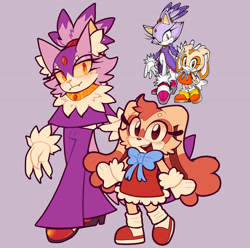 Size: 2048x2033 | Tagged: safe, artist:jesterjesteringjesterly, blaze the cat, cream the rabbit, 2025, beanbrows, blushing, clothes, creamabetes, cute, duo, eyelashes, fangs, grey background, mouth open, open smile, pink nose, redesign, redraw, simple background, smile, standing, yellow sclera