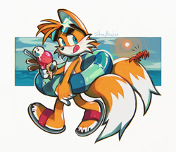 Size: 2048x1760 | Tagged: safe, artist:straybird25, miles "tails" prower, 2025, abstract background, barefoot, claws, crab, food, gloves off, holding something, ice cream, licking lips, literal animal, looking at something, paws, redraw, sandals, shine, shoes off, signature, smile, socks off, solo, sunglasses, swimming tube, tongue out, v sign