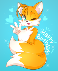 Size: 3952x4808 | Tagged: safe, artist:vtalna, miles "tails" prower, 2021, birthday, blue background, cute, english text, heart, looking at viewer, signature, simple background, smile, solo, tailabetes, tongue out, v sign, wink