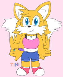 Size: 1280x1567 | Tagged: safe, artist:victoryvictini1, miles "tails" prower, 2024, clothes, crop top, eyelashes, flat colors, gender swap, hair up, looking at viewer, necklace, pink background, ponytail, ring, shorts, signature, simple background, smile, solo, standing
