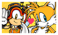 Size: 1106x668 | Tagged: safe, artist:genderfluiditee, charmy bee, miles "tails" prower, 2024, chaails, duo, gay, heart, looking at viewer, shipping, smile, stamp