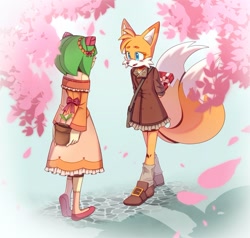 Size: 1280x1219 | Tagged: artist needed, source needed, safe, cosmo the seedrian, miles "tails" prower, abstract background, beanbrows, cherry blossom petals, cherry blossom tree, coat, dress, duo female, female, females only, fur markings, half r63 shipping, holding something, lesbian, looking at each other, mouth open, plant pot, present, sakura blossoms, shipping, smile, standing, tailsmo, trans female, trans girl tails, transgender, unknown date
