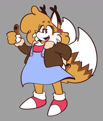 Size: 1342x1581 | Tagged: safe, artist:pawkiuwu, miles "tails" prower, 2025, aviator jacket, beanbrows, blushing, bow, clothes, dress, eyelashes, female, fingerless gloves, flat colors, fur markings, grey background, jacket, kin, kinsona, looking offscreen, open jacket, open smile, pawpads, simple background, smile, solo, thumbs up, trans female, transfeminine, transgender