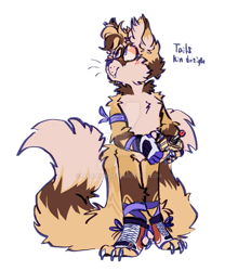 Size: 800x910 | Tagged: safe, artist:ahavrn, miles "tails" prower, 2022, claws, english text, fur markings, holding something, kin, kinsona, looking offscreen, one fang, outline, remote controller, simple background, smile, solo, transparent background