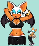 Size: 1620x1908 | Tagged: suggestive, artist:unaluu_0, rouge the bat, bat, 2025, blue background, cleavage, female, panties, riders outfit, simple background, solo, sweat