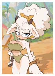 Size: 1442x2001 | Tagged: safe, artist:milkchaotea, lanolin the sheep, sheep, beach, bikini, female, solo