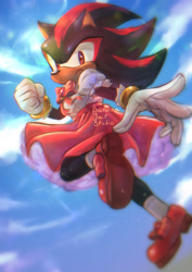 Size: 1446x2048 | Tagged: safe, artist:banana-jar-studio, shadow the hedgehog, 2025, abstract background, bow, clenched fist, clouds, crossdressing, dress, femboy, frown, looking at viewer, mid-air, solo