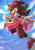 Size: 1446x2048 | Tagged: safe, artist:banana-jar-studio, shadow the hedgehog, 2025, abstract background, bow, clenched fist, clouds, crossdressing, dress, femboy, frown, lolita, looking at viewer, mid-air, solo, sweet lolita