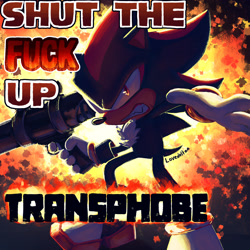 Size: 2048x2048 | Tagged: safe, artist:lovedeltaa, shadow the hedgehog, 2021, abstract background, bazooka, clenched teeth, explosion, holding something, meme, redraw, shadow the hedgehog (video game), solo, standing, word art