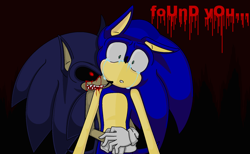 Size: 1710x1054 | Tagged: semi-grimdark, suggestive, artist:sonikclassik, sonic the hedgehog, oc, oc:sonic.exe, 2013, biting, black background, black sclera, bleeding, bleeding from eyes, blood, clenched teeth, crying, dialogue, duo, english text, holding them, injured, self paradox, shrunken pupils, simple background, tears
