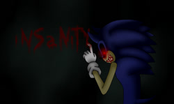 Size: 934x556 | Tagged: semi-grimdark, artist:sonikclassik, oc, oc:sonic.exe, 2014, abstract background, black sclera, bleeding, bleeding from eyes, bleeding from mouth, blood, english text, glowing eyes, looking at viewer, solo, writing