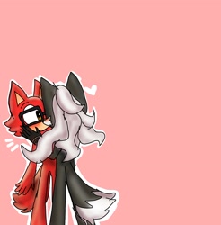 Size: 2579x2621 | Tagged: safe, artist:themimicartist27, gadget the wolf, infinite the jackal, 2025, blushing, cute, duo, gay, hands on another's face, heart, kiss, outline, pink background, rookinite, shipping, simple background, standing, surprised