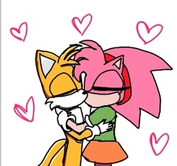 Size: 323x303 | Tagged: safe, artist:themimicartist27, amy rose, miles "tails" prower, 2025, amy's classic dress, classic amy, duo, eyes closed, flat colors, heart, holding each other, kiss, shipping, simple background, standing, straight, tailamy, white background