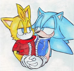 Size: 2394x2296 | Tagged: safe, artist:robot521, manik acorn, skye prower, 2011, aged up, clothes, duo, gay, holding hands, lidded eyes, looking at each other, manik x skye, mobius: 25 years later, older, shipping, smile, traditional media