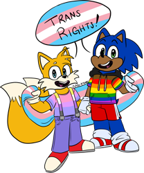 Size: 1024x1232 | Tagged: safe, artist:usagi-kinnie, miles "tails" prower, sonic the hedgehog, 2020, bisexual, bisexual pride, clothes, dialogue, duo, english text, flag, flat colors, gay, gay pride, holding hands, holding something, hoodie, nonbinary, nonbinary pride, overalls, pride, pride flag, shorts, siblings, signature, simple background, smile, speech bubble, standing, trans male, trans pride, trans rights, transgender, transparent background