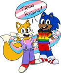 Size: 1024x1232 | Tagged: safe, artist:usagi-kinnie, miles "tails" prower, sonic the hedgehog, 2020, bisexual, bisexual pride, clothes, dialogue, duo, english text, flag, flat colors, gay, gay pride, holding hands, holding something, hoodie, nonbinary, nonbinary pride, overalls, pride, pride flag, shorts, siblings, signature, simple background, smile, speech bubble, standing, trans male, trans pride, trans rights, transgender, transparent background