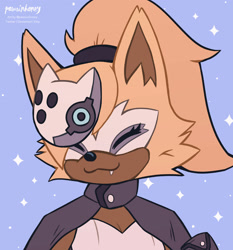 Size: 1920x2058 | Tagged: safe, artist:yote-paws, whisper the wolf, 2020, :3, blue background, cleavage, cute, eyes closed, flat colors, one fang, simple background, smile, solo, sparkles