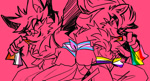 Size: 1313x708 | Tagged: safe, artist:carnation-damnation, rouge the bat, shadow the hedgehog, 2025, duo, female, gay pride, holding something, lesbian, lesbian pride, line art, looking at viewer, monochrome, nonbinary, nonbinary pride, pink background, pride, pride flag, scarf, simple background, sketch, smile, spot color, trans female, trans girl rouge, trans pride, transgender