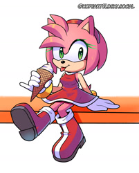 Size: 1356x1689 | Tagged: safe, artist:amipiyoart, artist:star-vanguard, amy rose, hedgehog, 2025, cute, female, food, holding something, ice cream, looking at viewer, signature, simple background, sitting, smile, solo, tongue out, white background