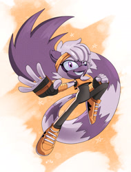 Size: 2048x2698 | Tagged: safe, artist:buddyhyped, tangle the lemur, lemur, 2025, abstract background, clenched fist, clothes, female, looking at viewer, mid-air, redesign, smile, solo