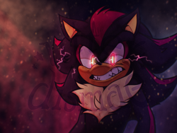 Size: 2160x1620 | Tagged: safe, artist:utter_dismae, shadow the hedgehog, sonic the hedgehog 3 (film), 2024, abstract background, clenched teeth, electricity, glowing eyes, looking at viewer, male, nighttime, outdoors, redraw, signature, solo