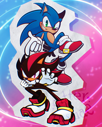 Size: 1635x2048 | Tagged: safe, artist:utter_dismae, shadow the hedgehog, sonic the hedgehog, hedgehog, sonic adventure 2, 2023, abstract background, duo, looking at viewer, male, no mouth, posing, signature, smile
