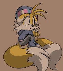 Size: 1701x1916 | Tagged: safe, artist:gay4gothgirls, miles "tails" prower, fox, 2025, beanbrows, beanie, beige background, blue shoes, clothes, eyelashes, female, frown, gloves off, hoodie, looking offscreen, mobius.social exclusive, pants, signature, simple background, sitting, solo, trans female, trans girl tails, transgender