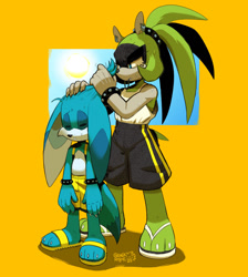 Size: 1059x1182 | Tagged: safe, artist:gemlik_rogue, kit the fennec, surge the tenrec, tenrec, 2025, abstract background, barefoot, beach outfit, claws, clothes, duo, eyes closed, eyestrain, female, fennec, frown, gloves off, male, paws, shadow (lighting), shorts, signature, summer, sweatdrop, topless
