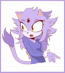 Size: 2048x2304 | Tagged: safe, artist:bruisedm6ngo, blaze the cat, cat, 2025, clothes, female, gloves off, hair down, long-sleeved shirt, looking offscreen, messy hair, mouth open, signature, simple background, solo, white background