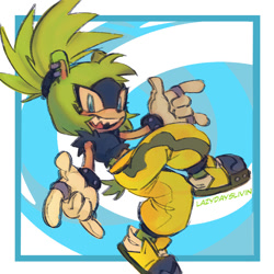 Size: 1007x1005 | Tagged: safe, artist:lazydayslivin, surge the tenrec, tenrec, 2025, abstract background, devil horns (gesture), female, looking at viewer, mid-air, mouth open, open smile, sharp teeth, smile, solo