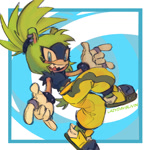 Size: 1007x1005 | Tagged: safe, artist:lazydayslivin, surge the tenrec, tenrec, 2025, abstract background, devil horns (gesture), female, looking at viewer, mid-air, mouth open, open smile, sharp teeth, smile, solo