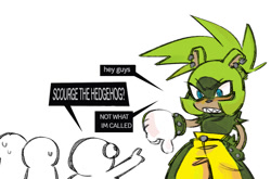 Size: 994x657 | Tagged: safe, artist:lazydayslivin, surge the tenrec, human, 2025, clenched teeth, dialogue, english text, grey background, group, looking at each other, looking at them, sharp teeth, simple background, speech bubble, standing, thumbs down