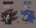 Size: 2000x1534 | Tagged: safe, artist:gay4gothgirls, shadow the hedgehog, sonic the hedgehog, 2025, beige background, bisexual, character name, clothes, crop top, duo, ear piercing, earring, eyelashes, female, flat colors, frown, g.u.n logo, heart, intersex, intersex female, jacket, lesbian, looking at viewer, mobius.social exclusive, r63 shipping, shadow x sonic, shipping, signature, simple background, smile, trans female, transgender