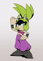 Size: 701x996 | Tagged: safe, artist:scourgefrontier, surge the tenrec, 2025, alternate outfit, clenched teeth, clothes, crop top, finger in ear, flat colors, frown, grey background, hand on hip, looking at viewer, pants, simple background, solo, standing