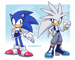 Size: 1654x1308 | Tagged: safe, artist:siggiedraws, silver the hedgehog, sonic the hedgehog, 2025, abstract background, clenched fist, clothes, crop top, duo, female, frown, gender swap, hand on hip, looking at viewer, pants, signature, smile
