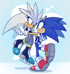 Size: 2048x2158 | Tagged: safe, artist:siggiedraws, 2025, abstract background, clothes, crop top, duo, eyelashes, flying, heart, holding each other, lesbian, looking at each other, pants, r63 shipping, shipping, shorts, signature, silver, silver x sonic, smile, sonic