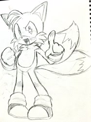 Size: 1534x2048 | Tagged: safe, artist:omu_raiu1013, miles "tails" prower, fox, 2025, blushing, clenched fist, line art, male, mouth open, open smile, pencilwork, pointing, sketch, solo, standing, traditional media