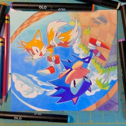 Size: 2048x2048 | Tagged: safe, artist:actionhankbeard, miles "tails" prower, sonic the hedgehog, fox, hedgehog, green hill zone, 2025, abstract background, classic sonic, classic tails, clouds, daytime, duo, grass, looking at viewer, male, mid-air, mouth open, open smile, outdoors, palm, smile, traditional media